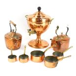 A group of copperwares, comprising a copper samovar, 25cm high, two copper kettles, and a set of fiv