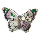 A silver and enamel butterfly brooch, with purple, green and white enamel detail, maker's stamp JA &