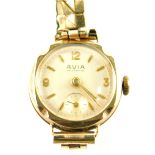 An Avia ladies wristwatch, the 9ct gold circular watch head with seconds dial, on a expanding plated