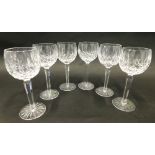 A set of six Waterford Crystal hock glasses, each hobnail cut with a floral pattern, on turned stems