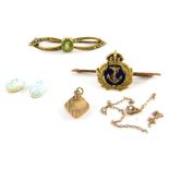 A group of jewellery and effects, comprising two loose opals, a 9ct gold stick pin with enamel naval