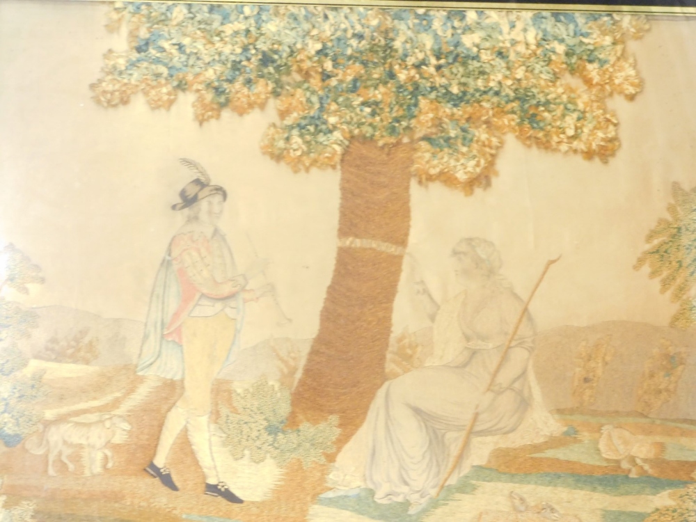 A Regency silk and woolwork, shepherd and shepherdess before tree, marked Tancred, 45cm x 52cm.