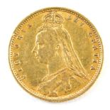 A Victorian shield back half gold sovereign, dated 1892, 5.4g.