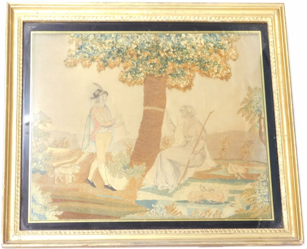 A Regency silk and woolwork, shepherd and shepherdess before tree, marked Tancred, 45cm x 52cm. - Bild 2 aus 3