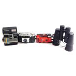 Various cameras, binoculars, etc., Sirus Elite Fex camera, 8cm high, partially cased, binoculars, et