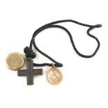 A 9ct gold Masonic fob, set with compass and set square, 3g, gold plated locket and a cross, attache