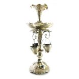 An early 20thC epergne, with flared trumpet centre, shaped dish holder, and acanthus leaf stem, on a