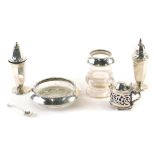 Various silver, a Harlequin part cruet set, 4.5oz all in, silver topped hair pot and dish, various d