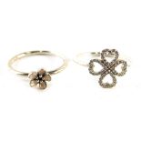 Two Pandora dress rings, comprising one with pink enamel flower, ring size S and a white stone set f