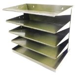 A tabletop metal filing tray, possibly military, but unmarked, with four sections, in green, 38cm wi