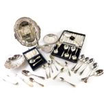 Various silver plated ware, flatware, entree dish, 18cm wide, various cased cutlery, cased spoons, o