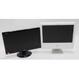 An I-Mac 20 inch monitor, in white trim, on metal stand, and a AOC 21 inch monitor in black trim. (