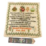 A Victorian pictorial and motto sampler, by Elizabeth Wolstenholme, set with a floral border and fur