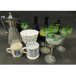 Various pottery and glassware, five green glass hock glasses, 21cm high, an etched claret jug with s