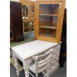 A corner cupboard and single desk painted cream with matching chair