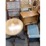 Various furniture, folding chair, sewing table, mahogany sideboard with sun inlay and a footstool.