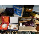 A small jardiniere on stand, Babycham boxed party pack glasses, etc., onyx, reproduction London Gin