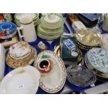 Various Pyrex part services, green and gilt lined Queen's Green part tea service, glassware vases, s