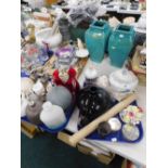 Various household pottery and effects, decorative mirror, pair of turquoise vases, silver plated sal