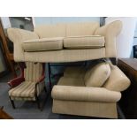 Two piece lounge suite, comprising three settee and arm chair with deep seat and further wing back a