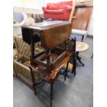 An oak drop leaf table of small proportion and an Edwardian mahogany window table.