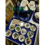 Various Franklin porcelain Colin Newman signature edition bird saucers, two glass perfume bottles, g