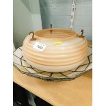 A retro shade, in peach, ribbed glass and two Tiffany style lamp shades. (3)