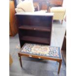 A mahogany open bookcase, and a stool with wool work seat, on square tapering legs.