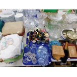 Table linen, glassware, various comports, star burst clock, floral posy, other pottery porcelain and