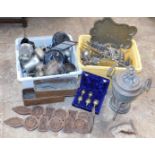 Various metalware, including copper plant troughs, toast rack, prize cups, etc. (2 crates)