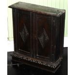 A 19thC carved oak two door cabinet, with lozenge decoration and base, 56cm high, 59cm wide, 16cm de