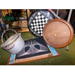 A simulated marble chess board, 58cm diameter, preserve pans, pictures, prints, etc. (a quantity)