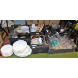 General household effects, various drinking glasses, dinner plates, glass flan dishes, wicker placem