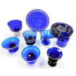 Various items of Bristol Blue and other glass, to include ribbon plates, pair of bowls with white op