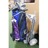 A Slazenger canvas golf bag containing a set of Triumph golf clubs, with trolley.