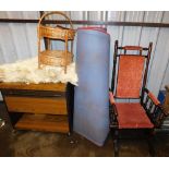 An Ekco hostess trolley, oak framed rocking chair, various rugs, etc.