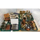Various plated wares, copper and brass ware, pewter, etc., to include plated tankards, loose flatwar