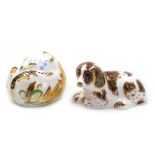 Two Royal Crown Derby porcelain paperweights, Sleeping Door Mouse, gold stopper and red printed mark