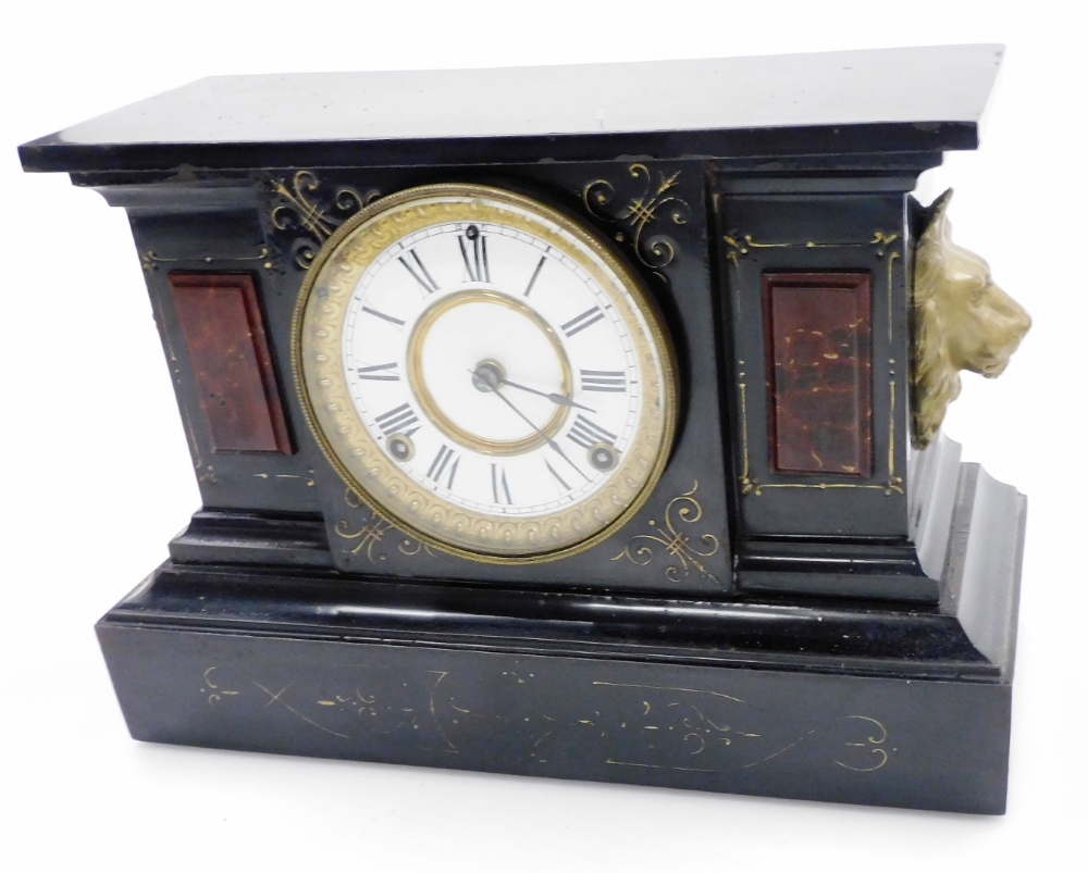 A Victorian slate and marble mantel clock, with Roman numeric enamel dial, eight day movement, the c