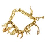 A 14ct gold charm bracelet, with eight charms as fitted, on a snap clasp, 25.3g.