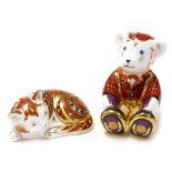 Two Royal Crown Derby porcelain paperweights, Scottish Teddy/Fraser, gold stopper and red printed ma