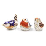 Three Royal Crown Derby porcelain bird paperweights, Owlet, Royal Crown Derby Collector's Guild excl