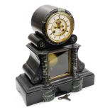 A 19thC black slate and green marble mantel clock, the enamel Roman numeric dial with brass chapter