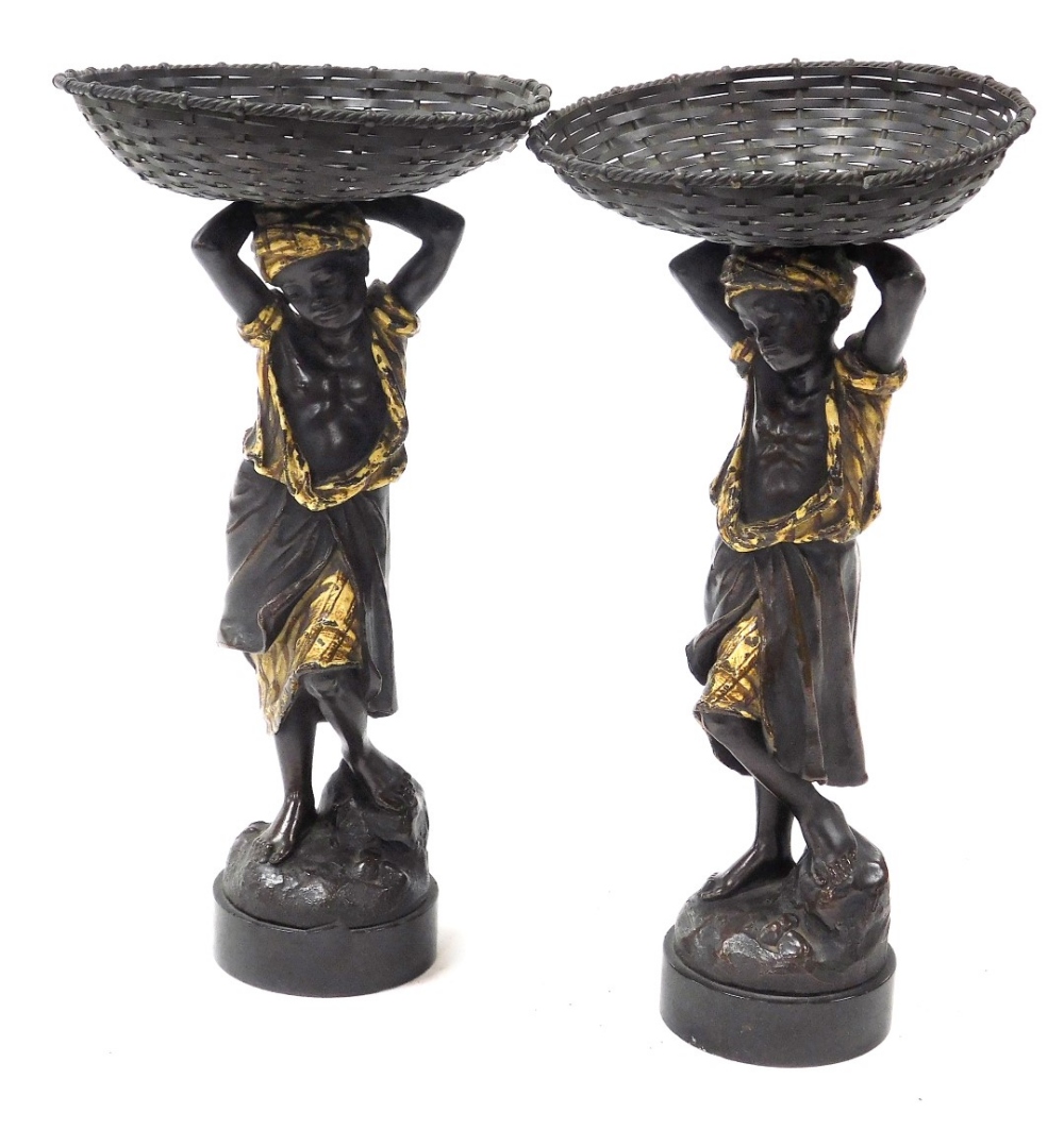 After Alois Mayer (German, 1855-1936). A pair of cold painted bronze figural sweet meat dishes, each
