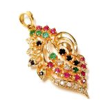 A diamond, ruby, sapphire and emerald pendant, of leaf form, set in yellow metal, with a ring suspen