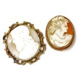 A 9ct gold and shell cameo brooch, bust portrait of a lady, in an oval frame, with safety chain as f