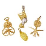 Two Saudi yellow metal emblematic pendants, 4.7g, a 1g fine gold pendant, and a bicolour yellow and