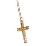 A 9ct rose gold cross pendant, foliate engraved, on a belcher link neck chain, 3.3g.