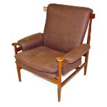 A Finn Juhl teak Bwana lounge chair, model 152, for France and Son circa 1960's, upholstered in brow