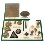 British regimental cap badges, an officers pip, British, Russian and German buttons, British wound s